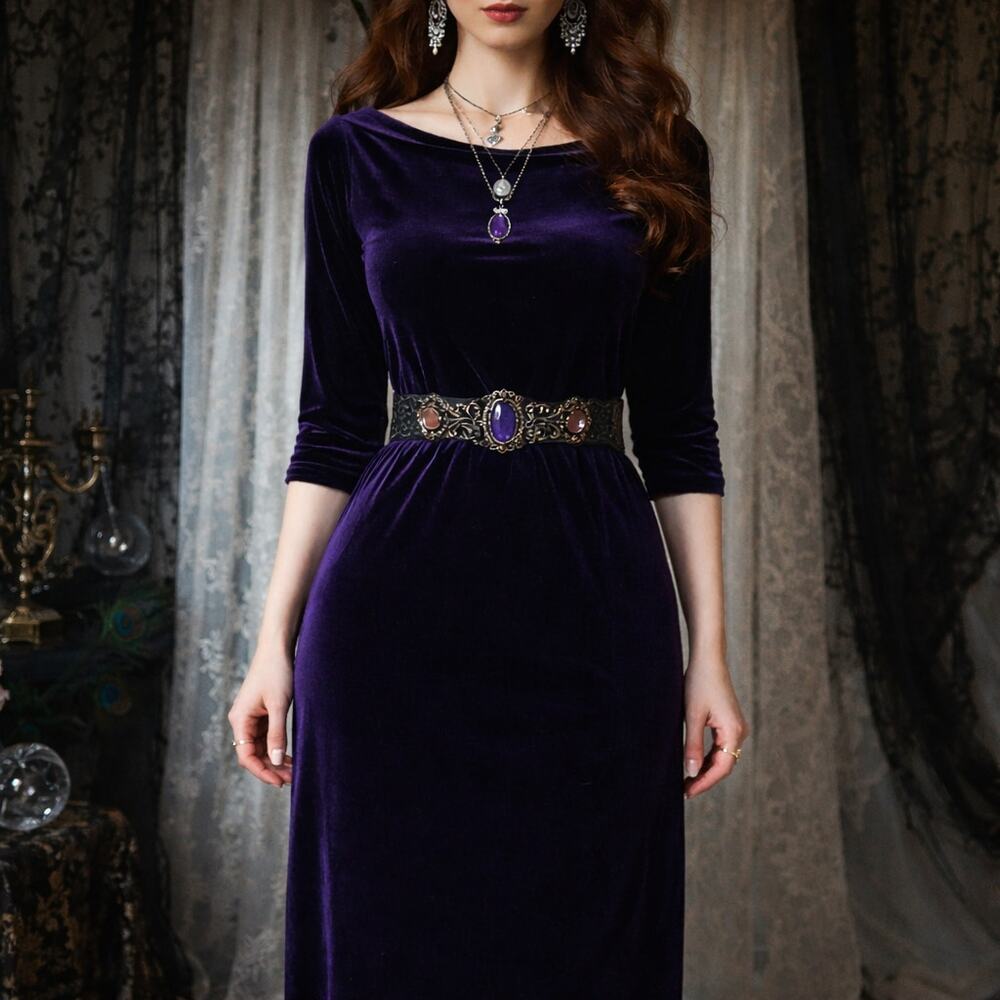 Vintage 90s Kathie Lee Purple Velvet Midi Dress Minimalist Bodycon Cocktail S - Picture 1 of 16